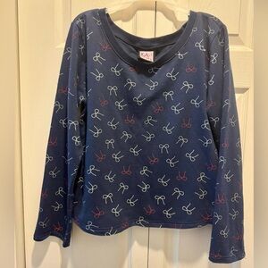 L.A. Kitty Bows Patterned Sweater Sz:L blue with white/red bows